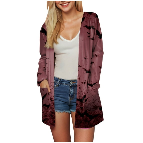 Kaprioy Womens Halloween Bat Graphic Cardigan Long Sleeve Open Front Cardigan Fall Fashion Clothes Knit Outwear Halloween Coat Sweater Top , S