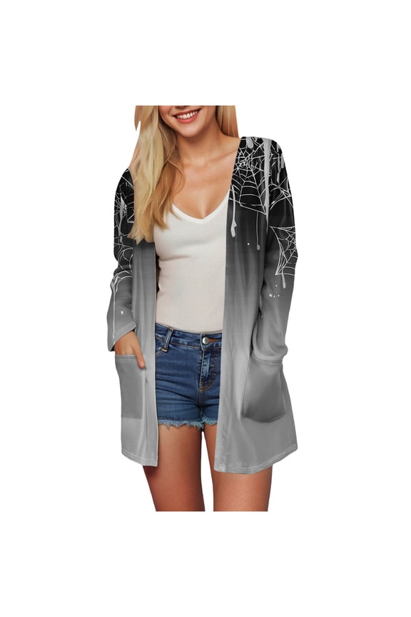 Womens Halloween Spider Witch Cardigan Long Sleeve Open Front Knit Outwear Over Coat Fall Fashion Halloween Sweater Top Grey, M