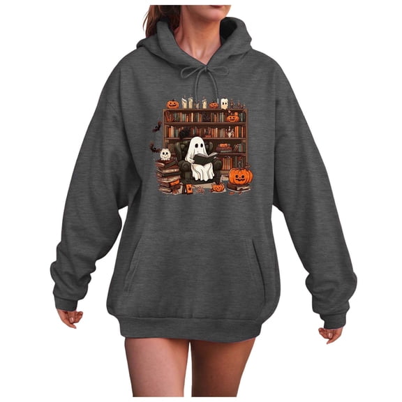 Kaprioy Womens Halloween Sweatshirt Ghosts Reading Books Graphic Long Sleeve Sweater Cute Spooky Bookish Hoodies Grey, L