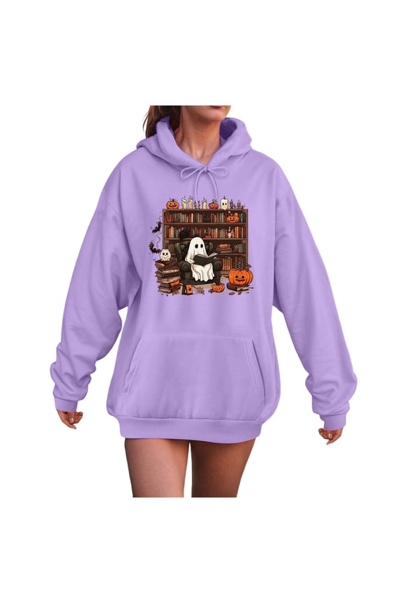 Womens Halloween Sweatshirt Ghosts Reading Books Graphic Long Sleeve Sweater Cute Spooky Bookish Hoodies Purple, XL