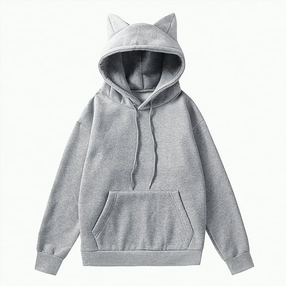 Kaprioy Womens Hoodie Cat Ear Print Cute Tops Blouse Fall Fashion Clothes Long Sleeve Pocket Sweatshirt Hooded Pullover Shirt Grey, XXL