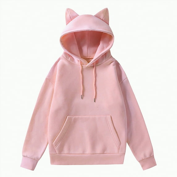 Kaprioy Womens Hoodie Cat Ear Print Cute Tops Blouse Fall Fashion Clothes Long Sleeve Pocket Sweatshirt Hooded Pullover Shirt Pink, XXL