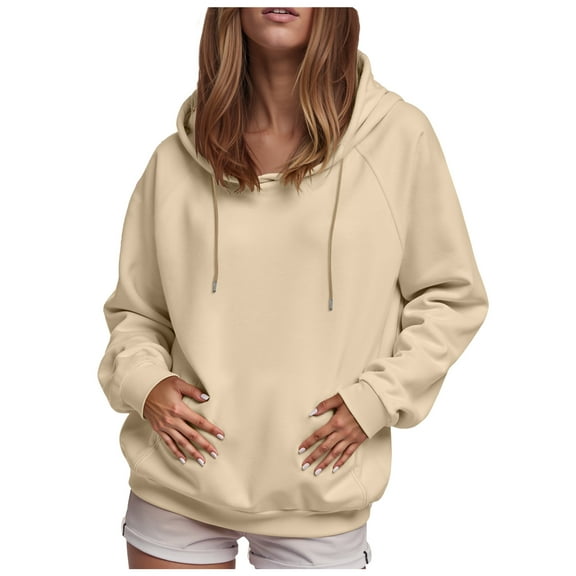 Kaprioy Womens Casual Hoodies Long Sleeve Loose Fall Winter Sweatshirt with Pocket Lightweight Solid Color Pullover Tops Beige, M