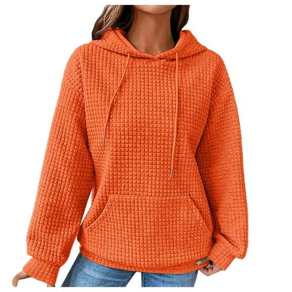Kaprioy Womens Hoodies Casual Long Sleeve Drawstring Waffle Pullover Tops Loose Hooded Sweatshirt with Pocket Orange, XXL