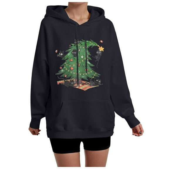 Kaprioy Womens Long Sleeve Hoodies Crewneck Pullover Christmas Tree Cat Print Sweatshirts Holiday Fall Fashion Clothes Black, M