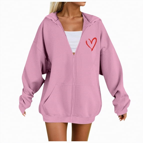 Kaprioy Womens Long Sleeve Oversized Hoodies Trendy Solid Color Hooded Sweatshirt Zip Up Hoodie Going Out Tops Pink, XXL