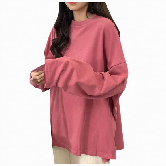 Kaprioy Womens Long Sleeve Oversized T Shirts Loose Casual Crewneck Tunic Tops Soft Blouse Going Out Tops Fall Fashion Clothing Hot Pink, L