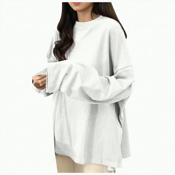 Kaprioy Womens Long Sleeve Oversized T Shirts Loose Casual Crewneck Tunic Tops Soft Blouse Going Out Tops Fall Fashion Clothing White, XL