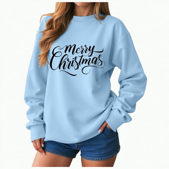 Kaprioy Womens Long Sleeve Pullover Sweatshirts Christmas Crewneck Letter Print Holiday Fall Fashion Winter Clothing Sky Blue, L