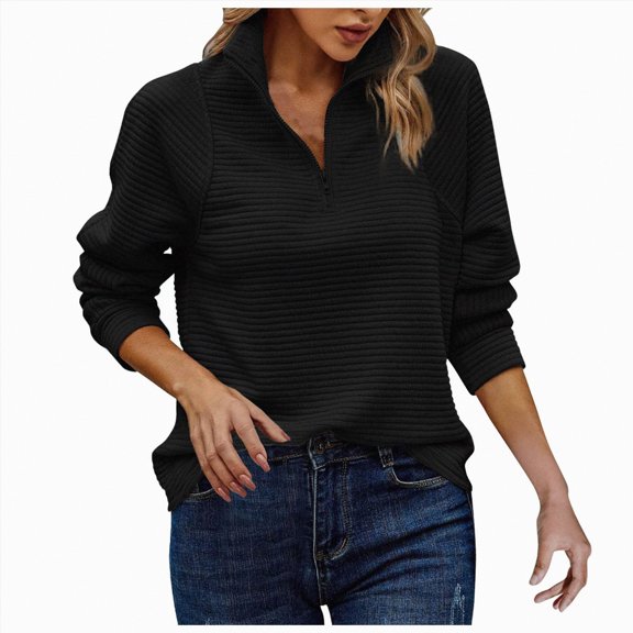 Kaprioy Womens Long Sleeve Quarter Zip Pullover Sweater Casual Loose V Neck Collared Ribbed Knit Jumper Tops Thumb Hole Black, XL