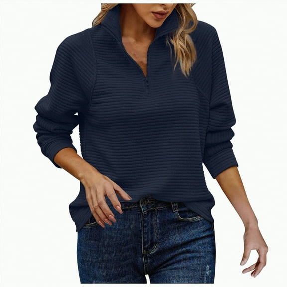 Kaprioy Womens Long Sleeve Quarter Zip Pullover Sweater Casual Loose V Neck Collared Ribbed Knit Jumper Tops Thumb Hole Navy, L