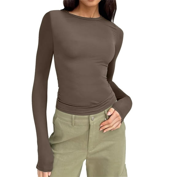 Kaprioy Womens Long Sleeve Shirts Knit Slim Fit Tops Basic Tee 2025 Fall Fashio Clothes Casual T-Shirt Blouse Khaki, XS