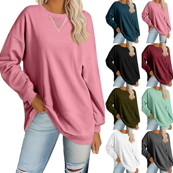 Kaprioy Womens Long Sleeve Swearshirts Crewneck Color Block Oversized Pullover Tops Casual Fall Fashion Clothes Pink, XL