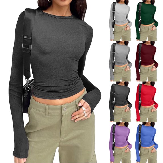 Kaprioy Womens Long Sleeve T Shirts Fall Fashion 2025 Basic Crop Tops Going Out Clothes Y2k Clothes Black, XL