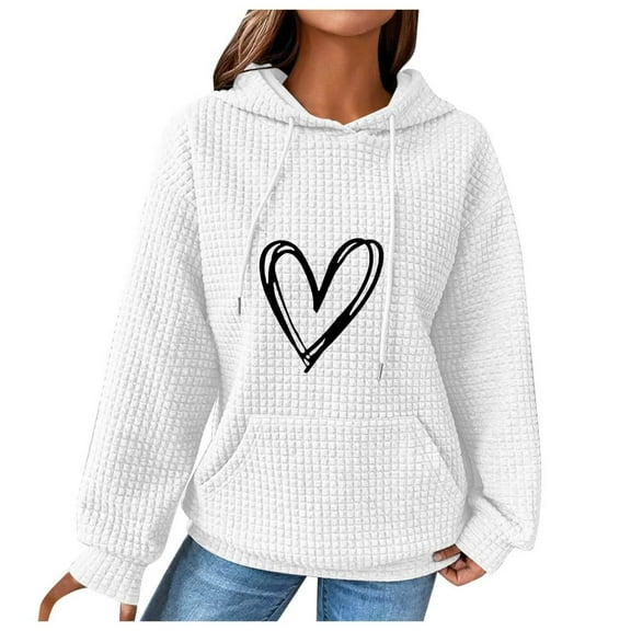 Kaprioy Womens Long Sleeve Tops Fall Fashion Clothes Casual Hoodies Drawstring Waffle Pullover Tops Loose Hooded Sweatshirt with Pocket White, XXL