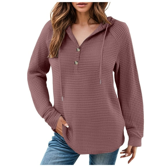 Kaprioy Womens Long Sleeve Tops Waffle Knit Drawstring Button V Neck Casual Fall Fashion Pullover Sweatshirt Hoodies Purple, L
