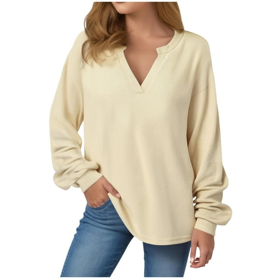 Kaprioy Womens Long Sleeve Tops Waffle Knit Drawstring Button V Neck Fall Fashion Pullover Going Out Tops Sweatshirt Hoodies Light Yellow, XL
