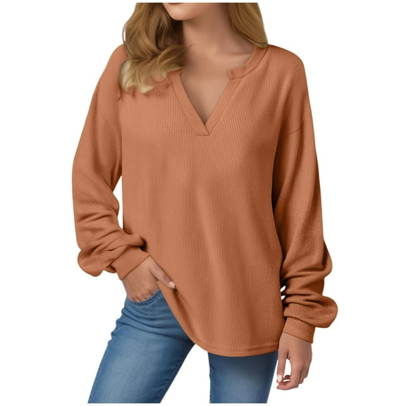 Kaprioy Womens Long Sleeve Tops Waffle Knit Drawstring Button V Neck Fall Fashion Pullover Going Out Tops Sweatshirt Hoodies Yellow, S