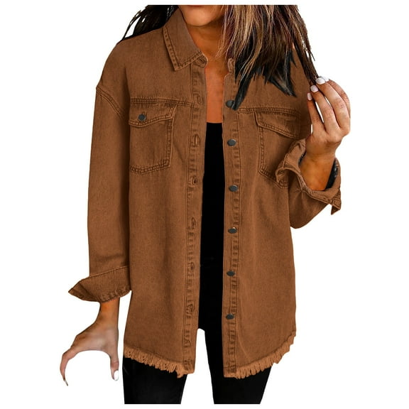Kaprioy Womens Oversized Denim Jacket Casual Long Sleeve Denim Shirts Trendy Jean Jacket Fall Fashion Clothes Brown, XXL