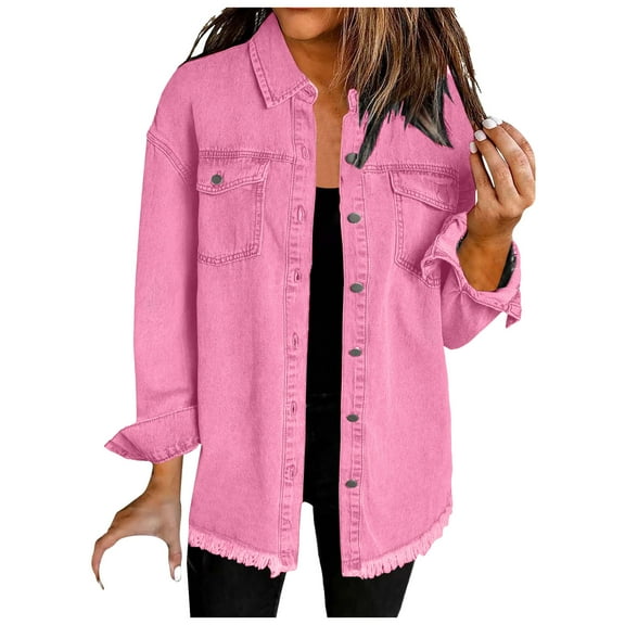 Kaprioy Womens Oversized Denim Jacket Casual Long Sleeve Denim Shirts Trendy Jean Jacket Fall Fashion Clothes Hot Pink, M