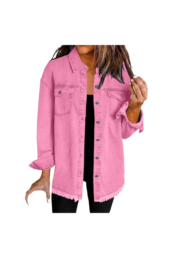 Womens Oversized Denim Jacket Casual Long Sleeve Denim Shirts Trendy Jean Jacket Fall Fashion Clothes Hot Pink, M