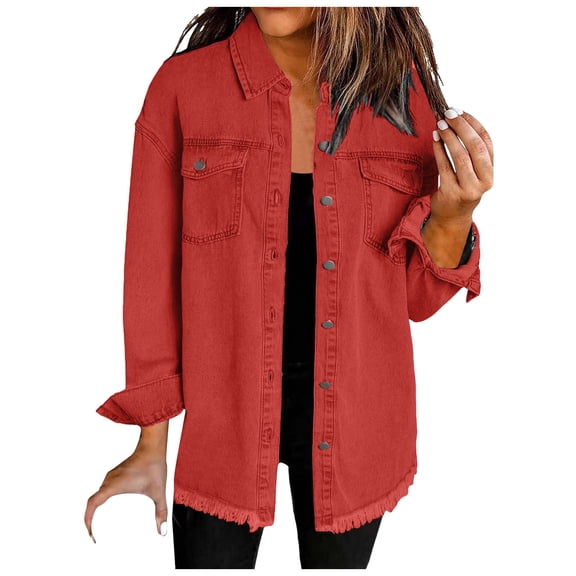 Kaprioy Womens Oversized Denim Jacket Casual Long Sleeve Denim Shirts Trendy Jean Jacket Fall Fashion Clothes Red, L