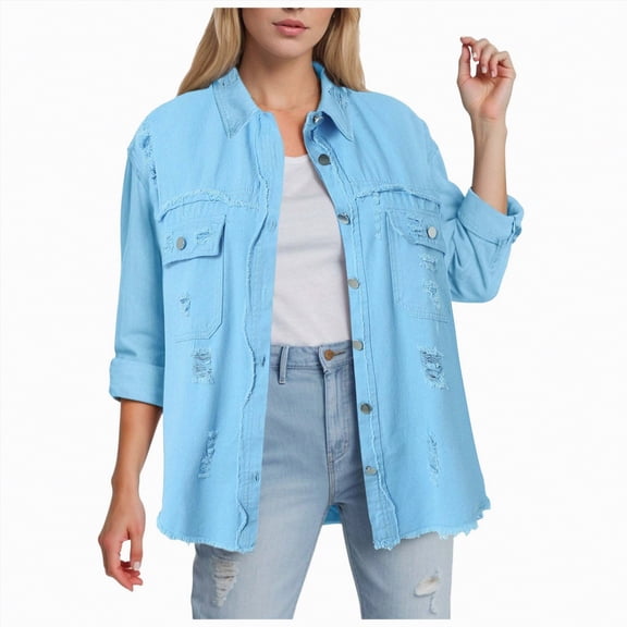 Kaprioy Womens Oversized Denim Jacket Casual Long Sleeve Denim Shirts Trendy Jean Jacket Fall Fashion Women Shirt Winter Street Jacket Coat