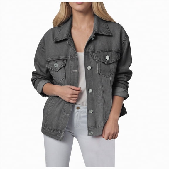 Kaprioy Womens Oversized Denim Jacket Casual Long Sleeve Denim Shirts Trendy Jean Jacket Fall Fashion Women Shirt Winter Street Jacket Coat