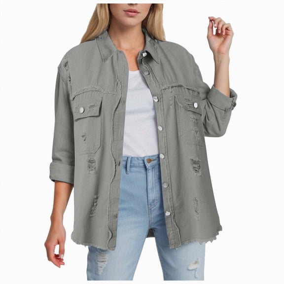 Kaprioy Womens Oversized Denim Jacket Casual Long Sleeve Denim Shirts Trendy Jean Jacket Fall Fashion Women Shirt Winter Street Jacket Coat