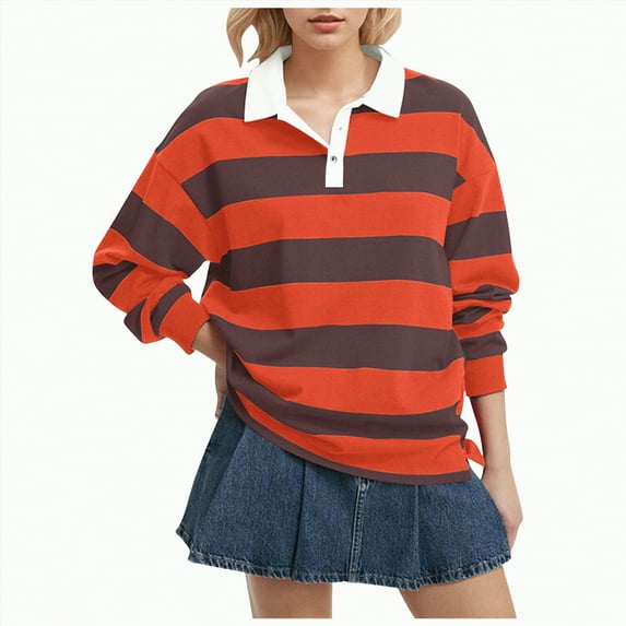 Kaprioy Womens Oversized Striped Polo Sweatshirt Long Sleeve Y2k Collared Pullover Tops Casual Loose Streetwear Fall Fashion Sweatshirt Orange, L