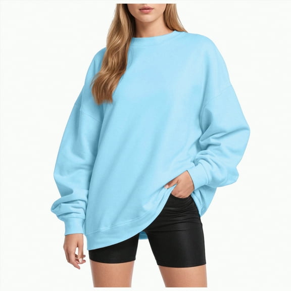 Kaprioy Womens Oversized Sweatshirts Hoodies Fleece Crewneck Sweaters Casual Solid Color Comfy Fall Fashion Winter Clothes Going Out Tops Sky Blue, XL