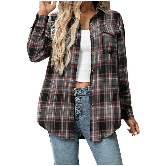 Kaprioy Womens Plaid Flannel Shacket Button Down Long Sleeve Casual Jackets Coats Fall Fashion Clothes Plus Size Baggy Trendy Shirts Black, XL