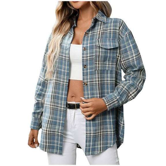 Kaprioy Womens Plaid Flannel Shacket Button Down Long Sleeve Casual Jackets Coats Fall Fashion Clothes Plus Size Baggy Trendy Shirts Blue, XL