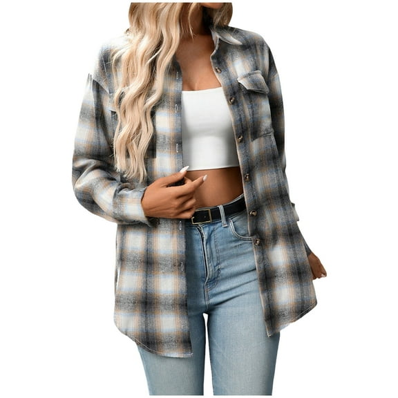Kaprioy Womens Plaid Flannel Shacket Button Down Long Sleeve Casual Jackets Coats Fall Fashion Clothes Plus Size Baggy Trendy Shirts Grey, XL