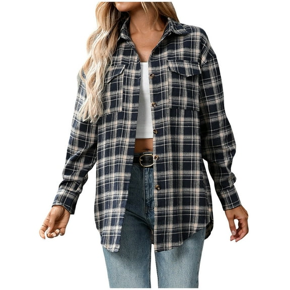 Kaprioy Womens Plaid Flannel Shacket Button Down Long Sleeve Casual Jackets Coats Fall Fashion Clothes Plus Size Baggy Trendy Shirts Navy, XXL