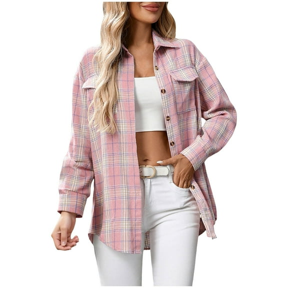 Kaprioy Womens Plaid Flannel Shacket Button Down Long Sleeve Casual Jackets Coats Fall Fashion Clothes Plus Size Baggy Trendy Shirts Pink, XL