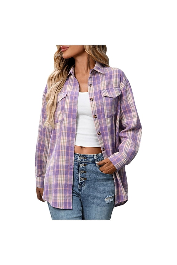 Womens Plaid Flannel Shacket Button Down Long Sleeve Casual Jackets Coats Fall Fashion Clothes Plus Size Baggy Trendy Shirts Purple, XL