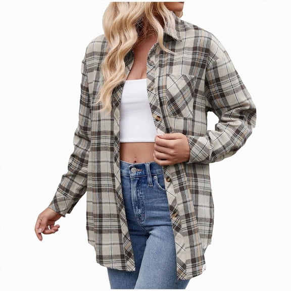 Kaprioy Womens Plaid Flannel Shacket Button Down Long Sleeve Casual Jackets Coats Fall Fashion Clothes Plus Size Baggy Trendy Shirts Women Casual Plaid Shirt Lapel Pocket Loose Button Shirts