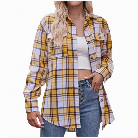 Kaprioy Womens Plaid Flannel Shacket Button Down Long Sleeve Casual Jackets Coats Fall Fashion Clothes Plus Size Baggy Trendy Shirts Women Casual Plaid Shirt Lapel Pocket Loose Button Shirts