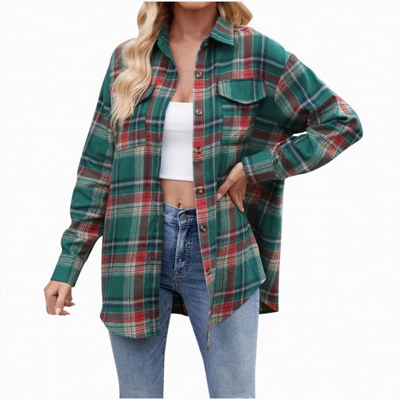 Kaprioy Womens Plaid Flannel Shacket Button Down Long Sleeve Casual Jackets Coats Fall Fashion Clothes Plus Size Baggy Trendy Shirts Women Casual Plaid Shirt Lapel Pocket Loose Button Shirts