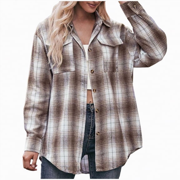 Kaprioy Womens Plaid Flannel Shacket Button Down Long Sleeve Casual Jackets Coats Fall Fashion Clothes Plus Size Baggy Trendy Shirts Women Casual Plaid Shirt Lapel Pocket Loose Button Shirts