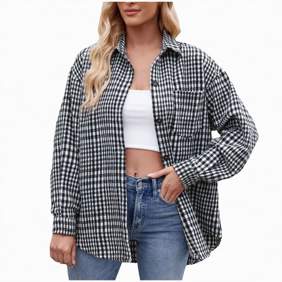 Kaprioy Womens Plaid Flannel Shacket Button Down Long Sleeve Casual Jackets Coats Fall Fashion Clothes Plus Size Baggy Trendy Shirts Women Casual Plaid Shirt Lapel Pocket Loose Button Shirts
