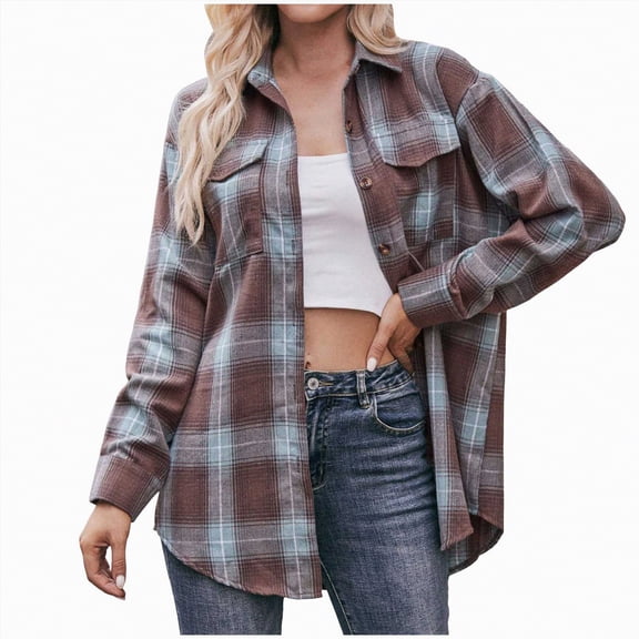 Kaprioy Womens Plaid Flannel Shacket Button Down Long Sleeve Casual Jackets Coats Fall Fashion Clothes Plus Size Baggy Trendy Shirts Women Casual Plaid Shirt Lapel Pocket Loose Button Shirts