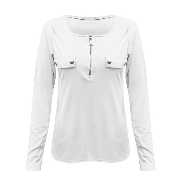 Kaprioy Womens Sexy Tops Long Sleeve Ribbed Zipper V Neck Cleavage Fall Shirts Blouses Henley Shirts Fitted Low Cut Tops White, L