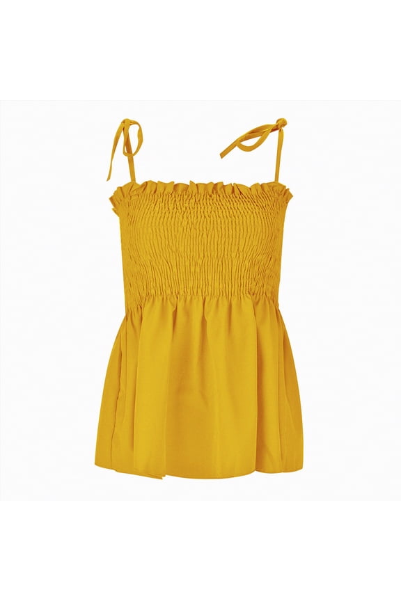 Womens Summer Tops Ruffle Smocked Tank Tops for Women Summer Square Neck Sleeveless Tops Tie Shoulder Spaghetti Strap Blouse Cami Shirts