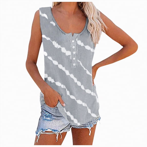 Kaprioy Womens Summer Tops Women's Summer Boho Tie Dye Sleeveless Tank Tops Button Blouse Loose Casual Striped Vest T-shirt Plus Size