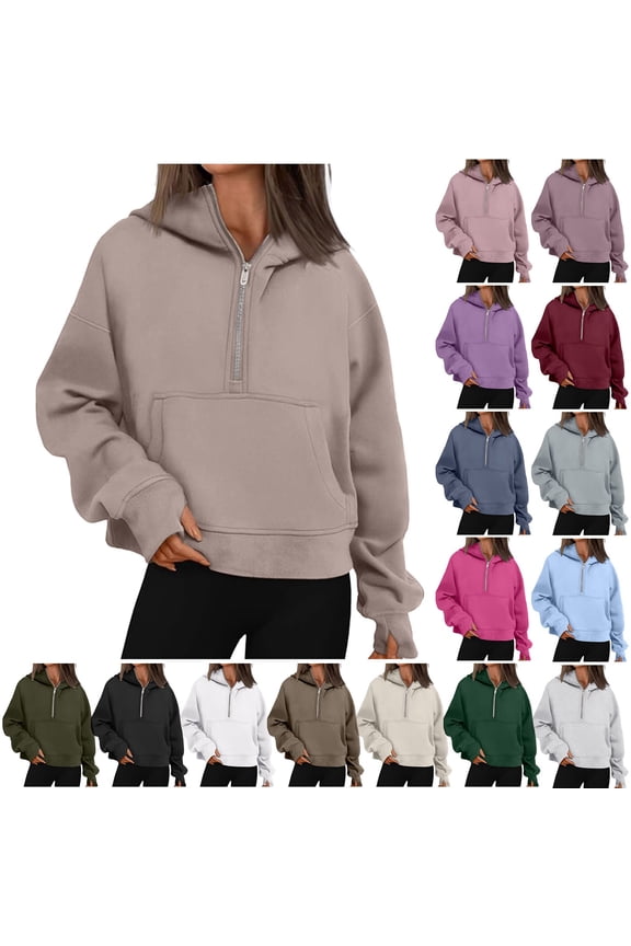 Womens Sweatshirts Half Zip Cropped Pullover Fleece Quarter Zipper Hoodies 2025 Fall Fashion Clothes GY1, XL
