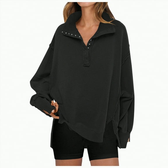 Kaprioy Womens Sweatshirts Oversized Casual Loose Button Up Henley Pullover Top High Low Split Winter Fall Fashion Clothing Black, M