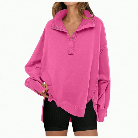 Kaprioy Womens Sweatshirts Oversized Casual Loose Button Up Henley Pullover Top High Low Split Winter Fall Fashion Clothing Hot Pink, XL