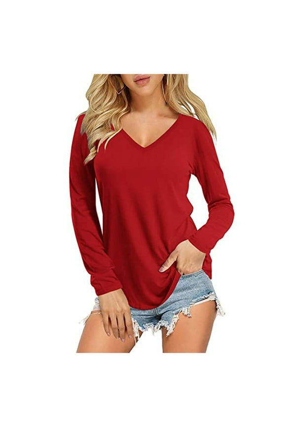Womens T Shirts V Neck Long Sleeve Curved Hem Tops Tshirt Basic Tee(S-2XL)